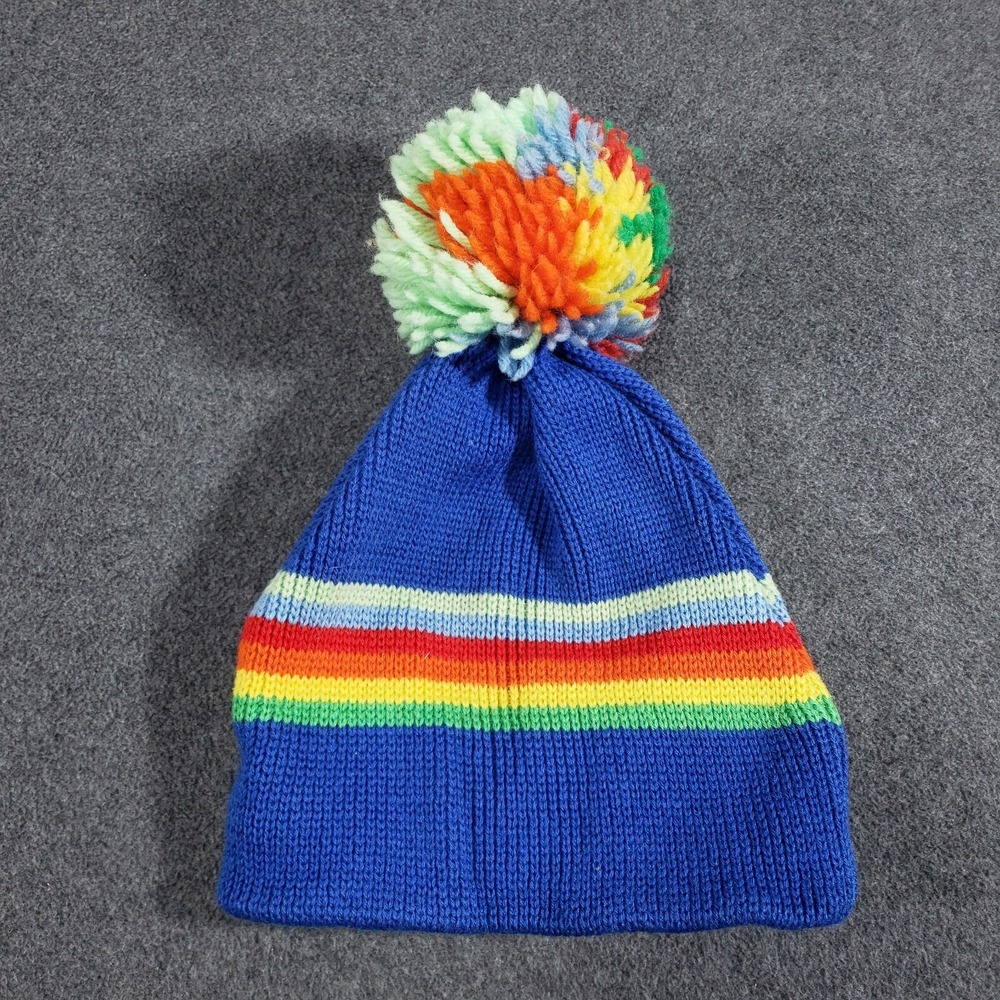 Smiley 100% Wool Beanie Toque Ski‎ Pom Pom Hat Blue Rainbow